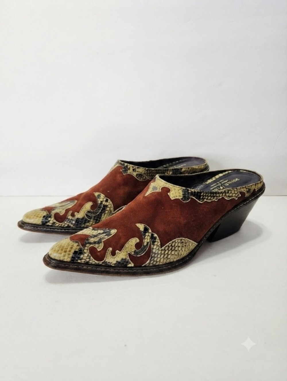 Donald J. Pliner Western Suede Mule Heels with Snakeskin Trim Size 9.5